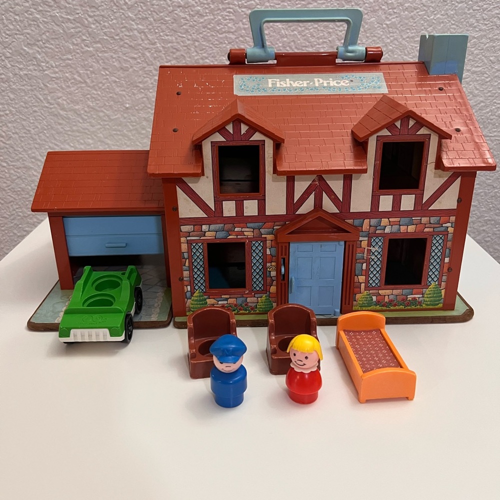 Vintage 70s Fisher-Price Playhouse with Red Roof and Blue Door